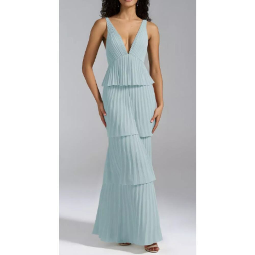 AW BRIDAL 2 XS skylight blue Asma tier pleated backless maxi dress NEW B80